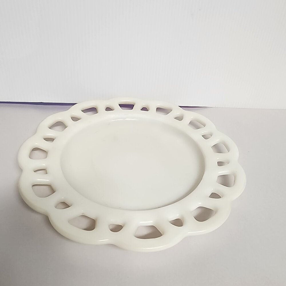 vintage anchor hocking open lace edge white milk glass plate Dessert